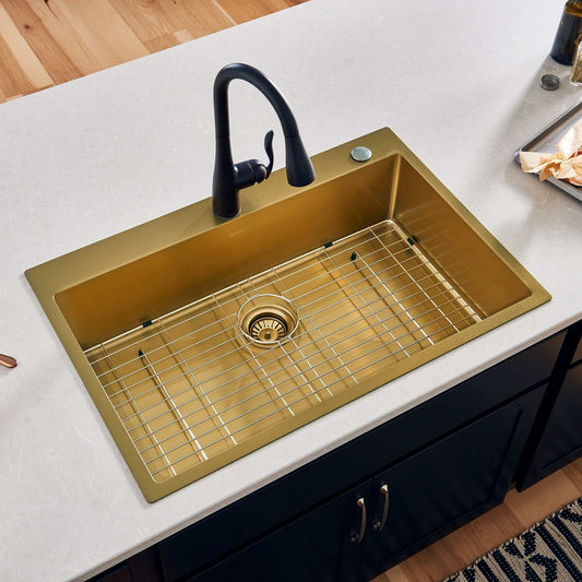 Ruvati Terraza 33" Drop-in Stainless Steel Kitchen Sink RVH5005GG in matte gold finish with modern faucet.