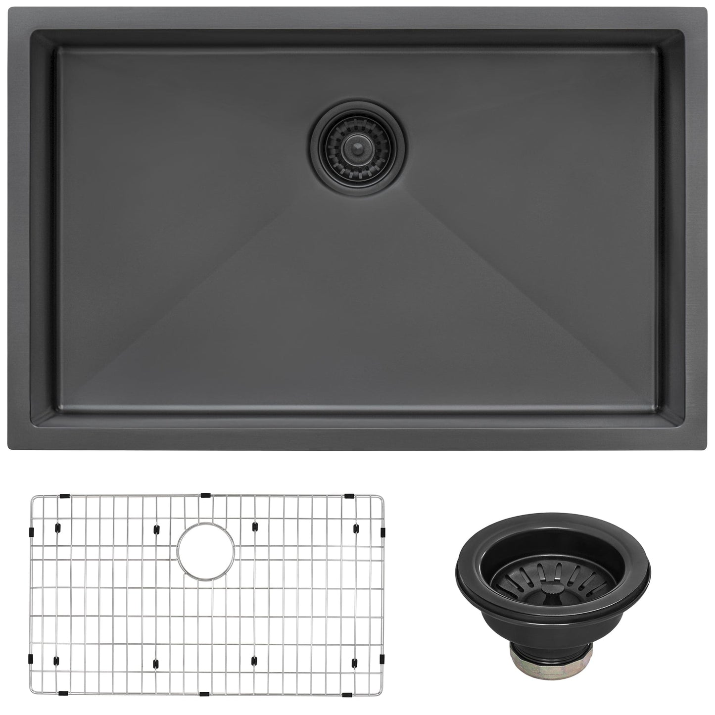 Ruvati Terraza 27" Stainless Steel Kitchen Sink RVH6127BL with accessories including a grid and drain.
