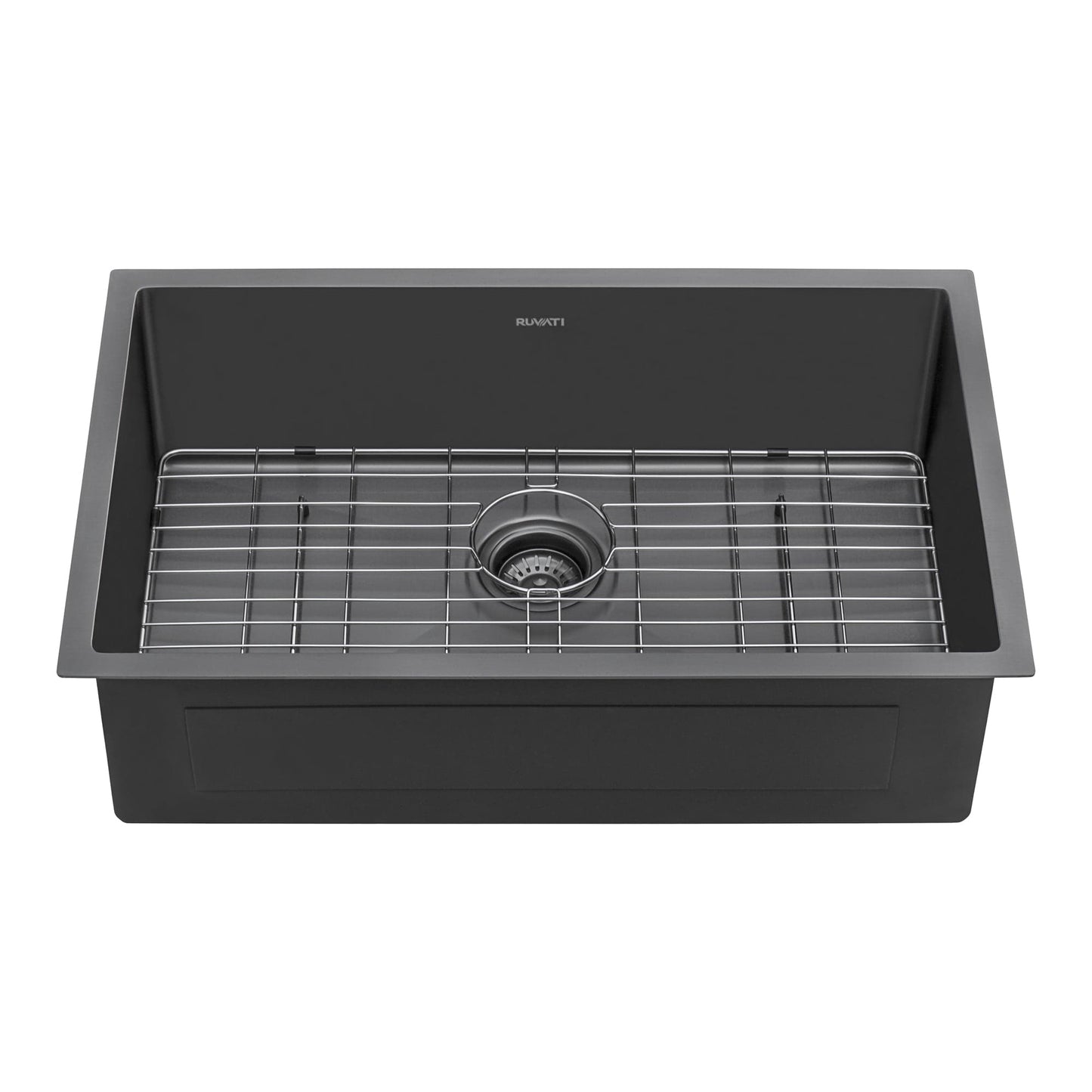 Ruvati Terraza 27" Stainless Steel Kitchen Sink RVH6127BL with grid and gunmetal finish on a white background.