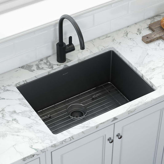 Ruvati Terraza 27" Stainless Steel Kitchen Sink RVH6127BL shown in a modern kitchen setting with a marble countertop.