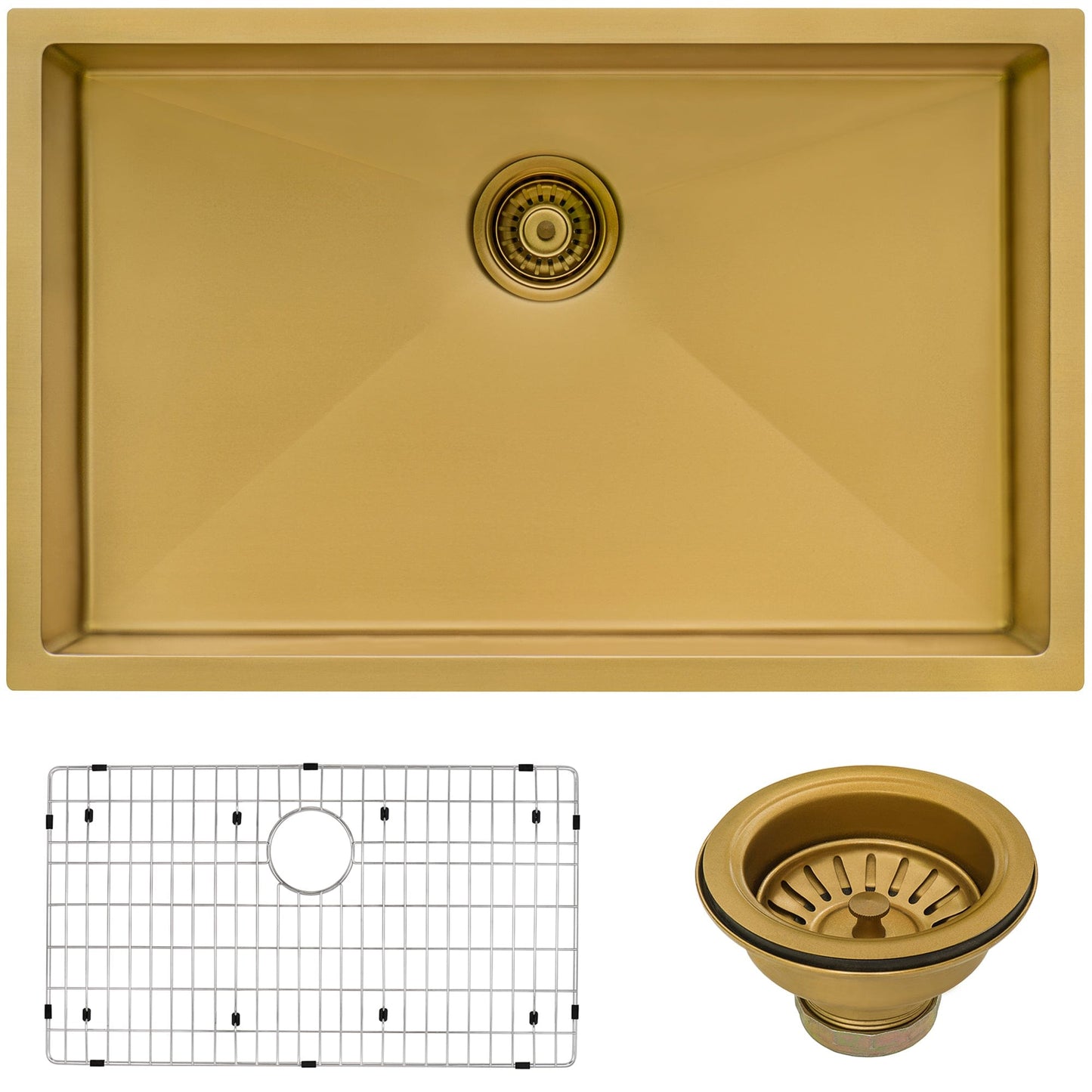 Ruvati Terraza 30" Stainless Steel Kitchen Sink RVH6300GG in Matte Gold with sink grid and drain assembly.