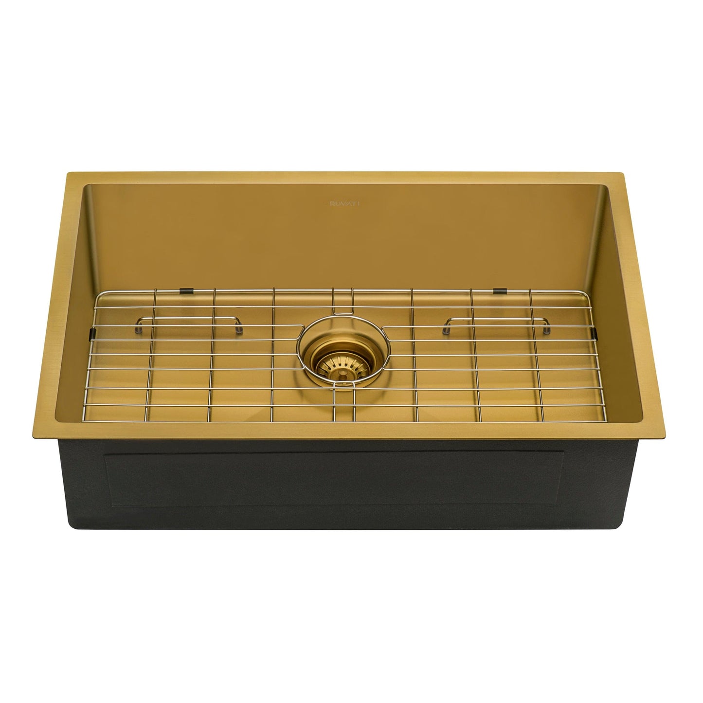 Ruvati Terraza 30" Stainless Steel Kitchen Sink RVH6300GG in Matte Gold with grid and drain.