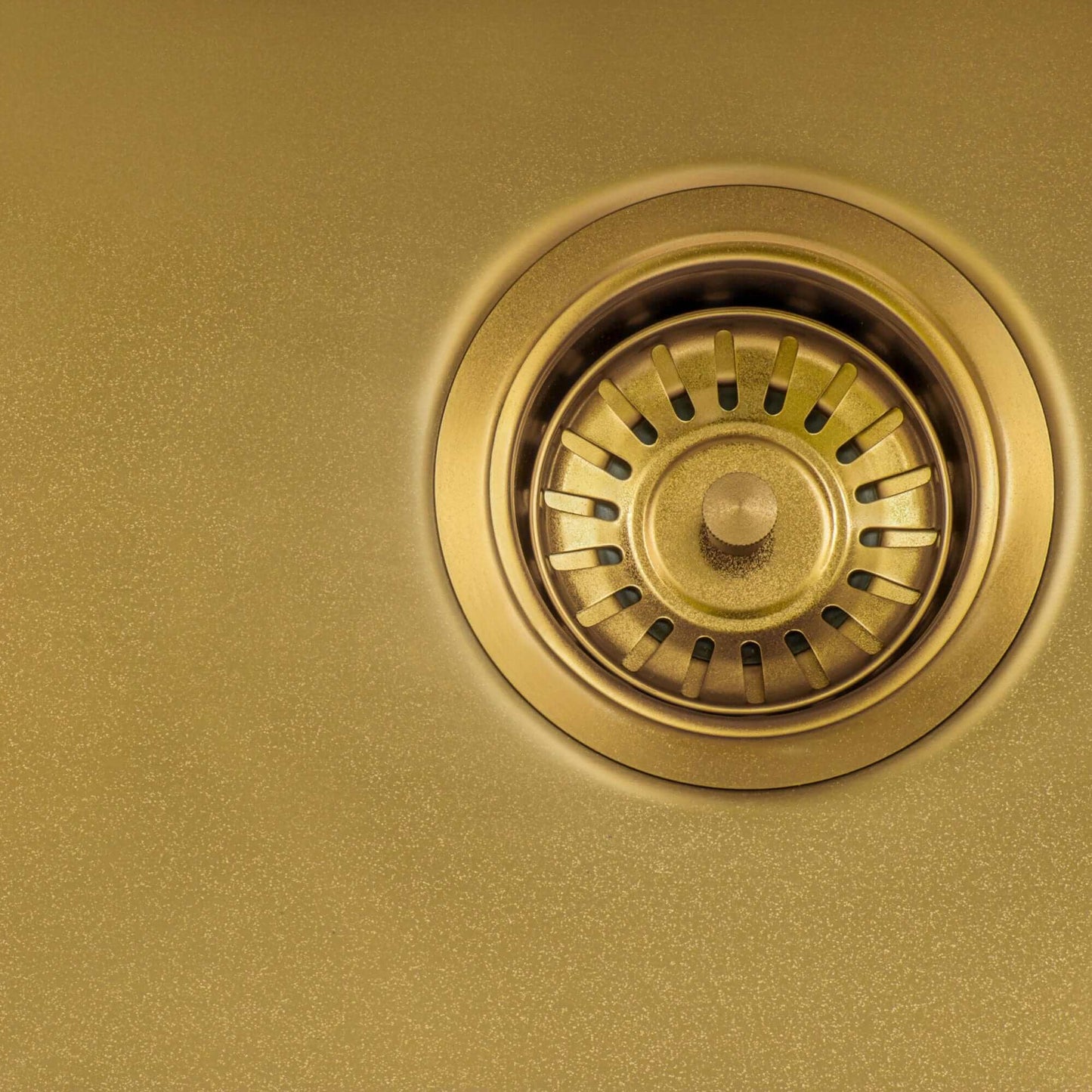 Ruvati Terraza 30" Stainless Steel Kitchen Sink RVH6300GG drain assembly in luxurious matte gold finish.
