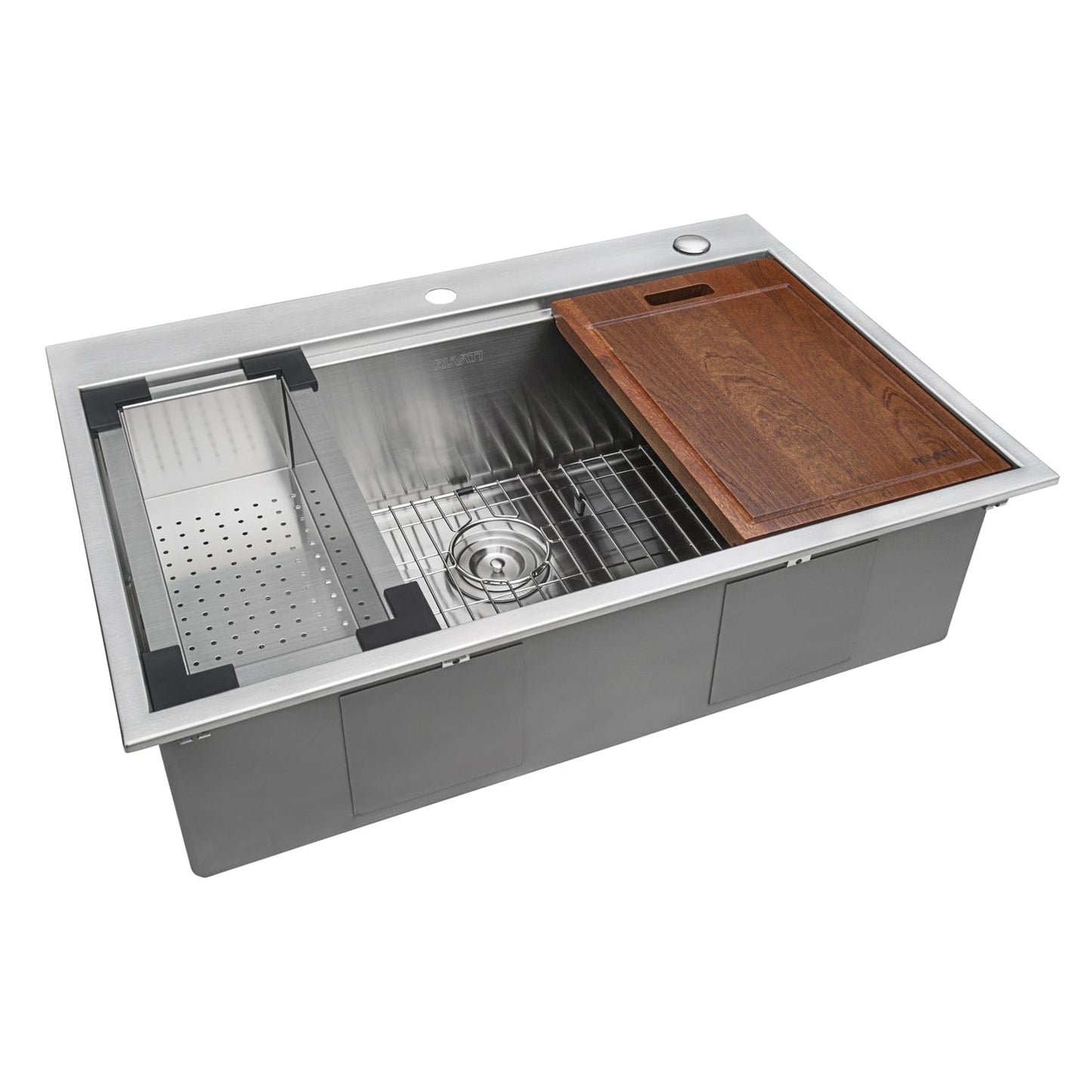 Ruvati Siena 30" Workstation Drop-in Stainless Steel Kitchen Sink RVH8030 showcasing a modern design with wooden cutting board.