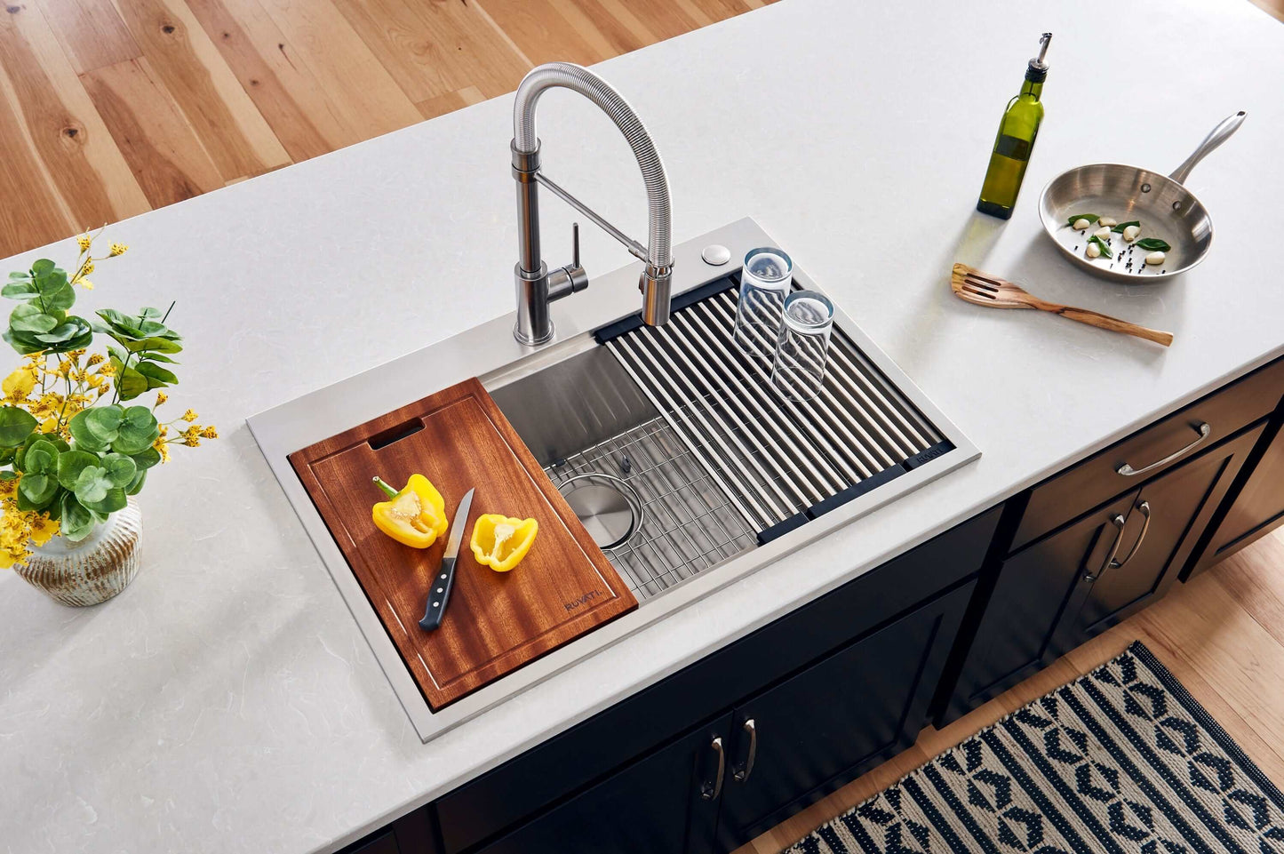 Ruvati Siena 30" Workstation Drop-in Stainless Steel Kitchen Sink RVH8030 with cutting board and accessories.