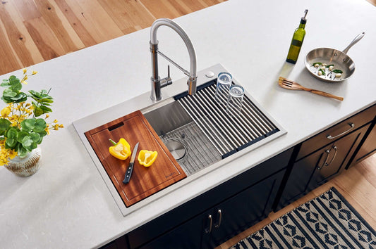 Ruvati Siena 30" Workstation Drop-in Stainless Steel Kitchen Sink RVH8030 with cutting board and accessories.