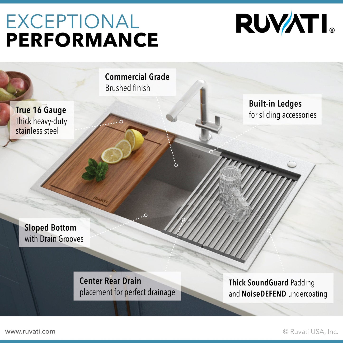 Ruvati Siena 30" Workstation Drop-in Stainless Steel Kitchen Sink RVH8030 features commercial grade brushed finish.