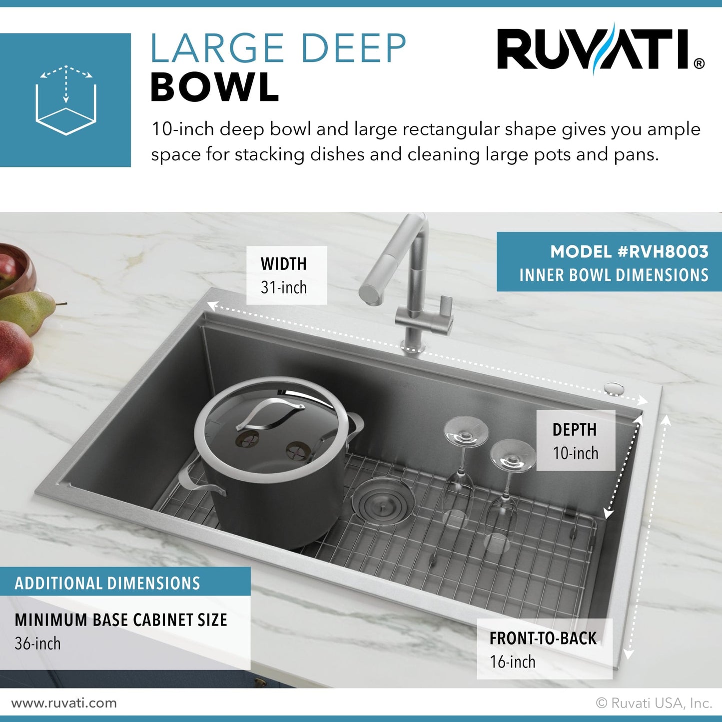 Ruvati Siena 30" Workstation Drop-in Stainless Steel Kitchen Sink RVH8030 with large deep bowl dimensions and details.