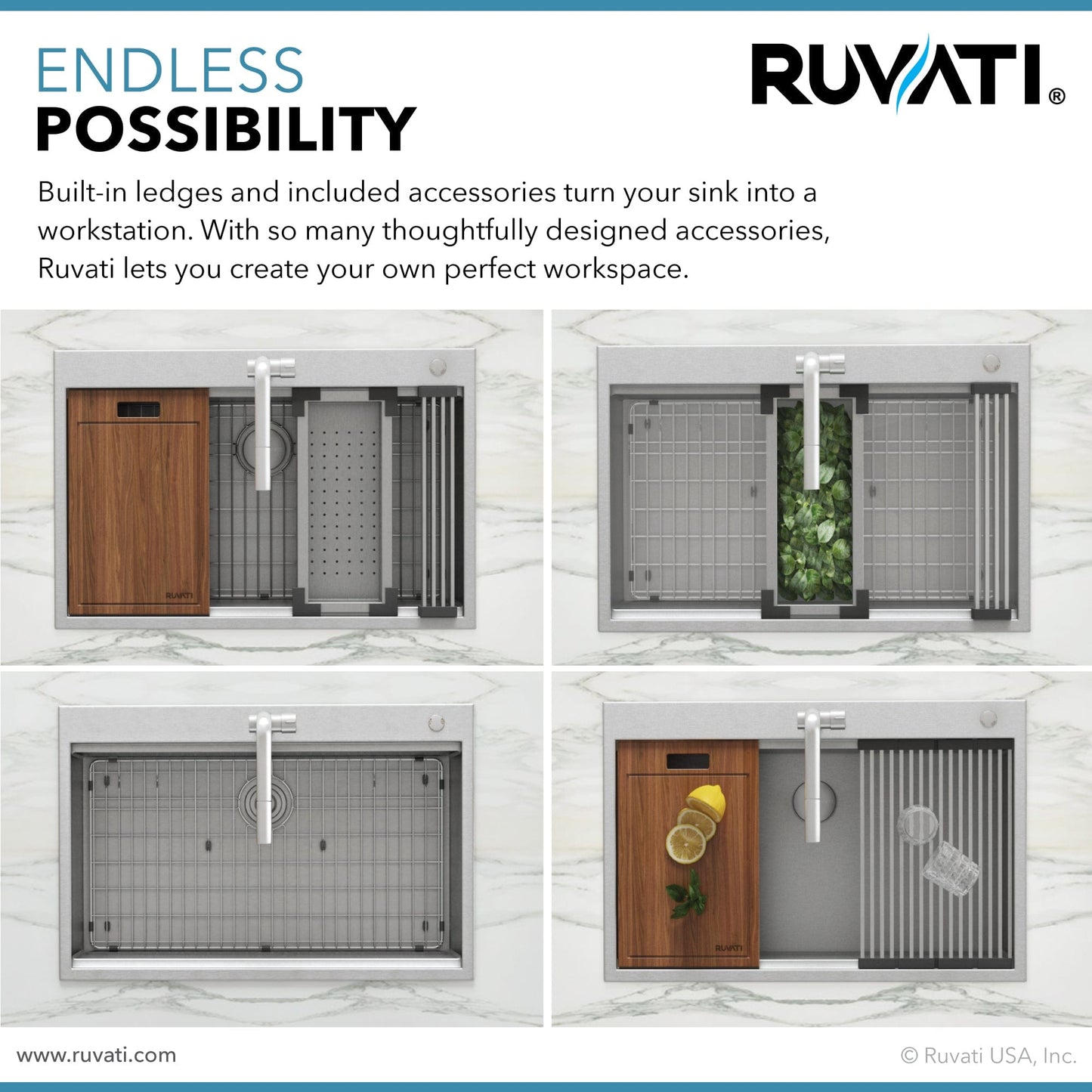 Ruvati Siena 30" Workstation Drop-in Stainless Steel Kitchen Sink RVH8030 with accessories and ledges for enhanced functionality.