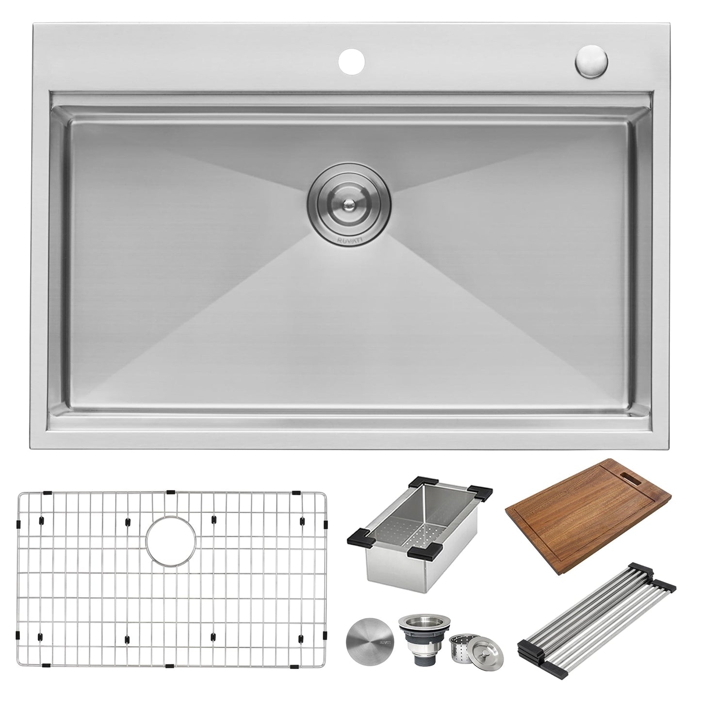 Ruvati Siena 30" Workstation Drop-in Stainless Steel Kitchen Sink RVH8030 with accessories including grid, strainer, and cutting board.