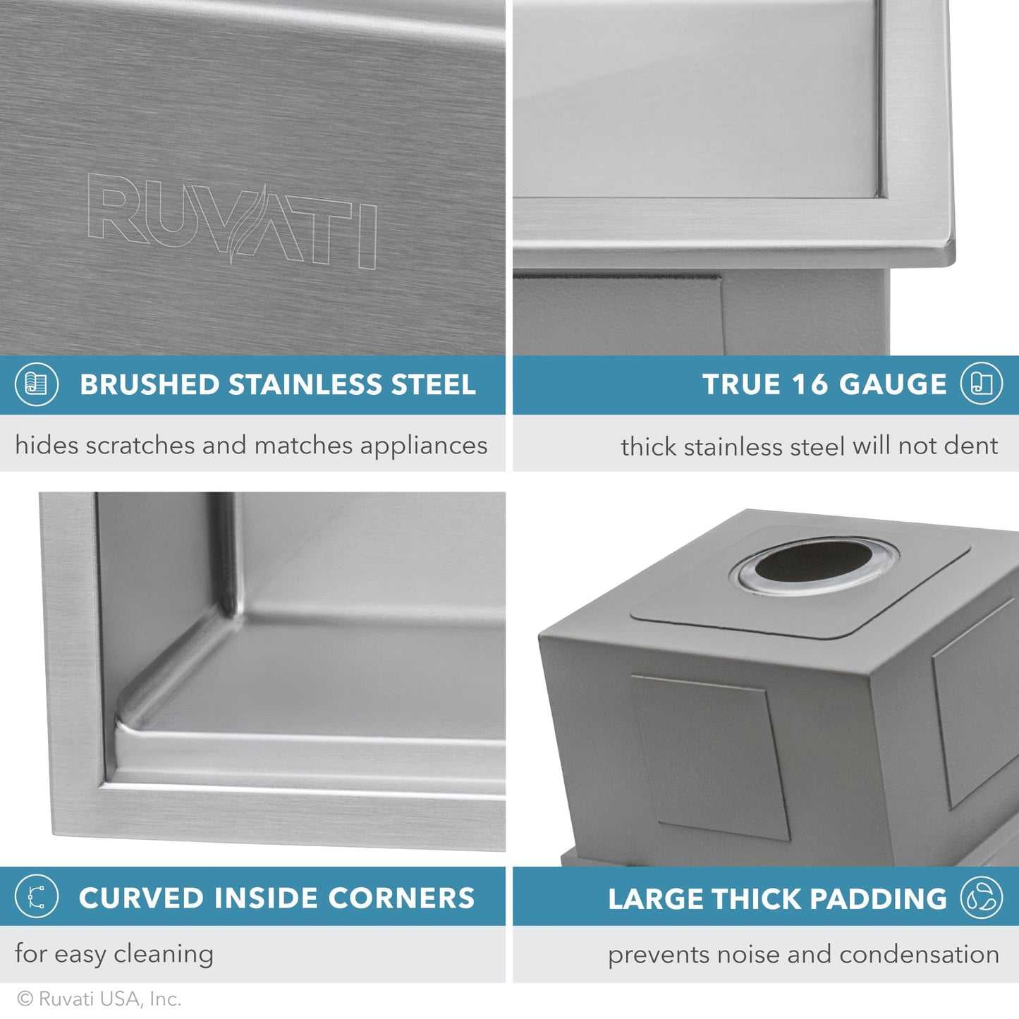 Brushed stainless steel features of Ruvati Siena 30" Workstation Drop-in Stainless Steel Kitchen Sink RVH8030.