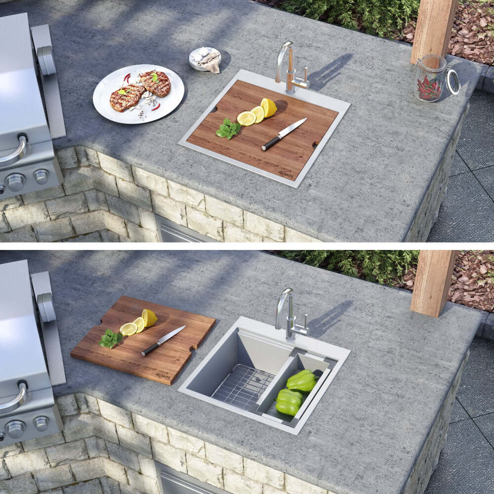 Ruvati Siena 21" RV Workstation Drop-in Stainless Steel Kitchen Sink RVH8221 in outdoor kitchen setting with chopping board.