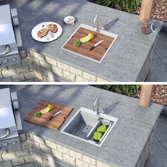 Ruvati Siena 21" RV Workstation Drop-in Stainless Steel Kitchen Sink RVH8221 in outdoor kitchen setting with chopping board.