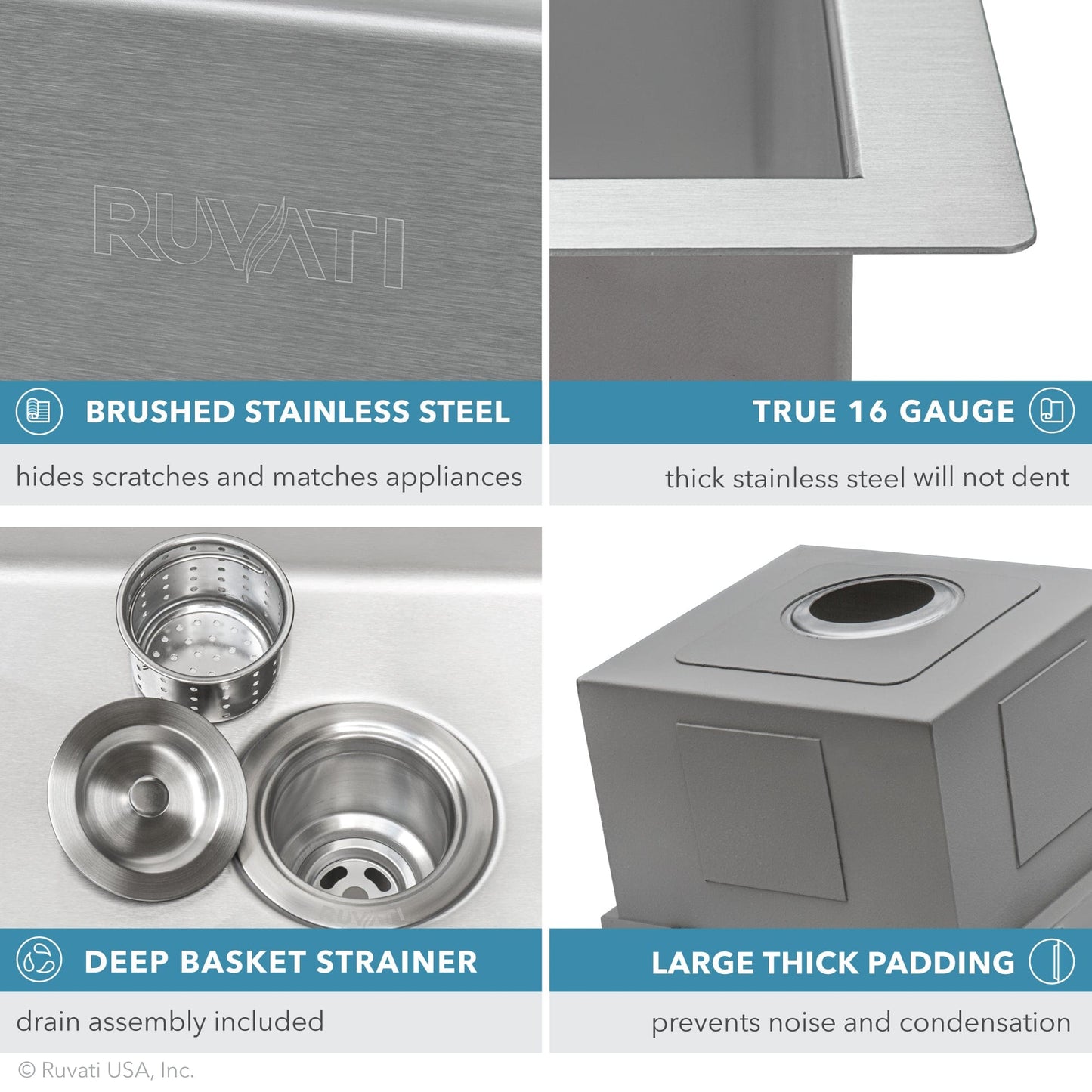 Ruvati Siena 21" RV Workstation Drop-in Stainless Steel Kitchen Sink RVH8221 features brushed stainless steel, true 16 gauge, deep basket strainer, and large thick padding.