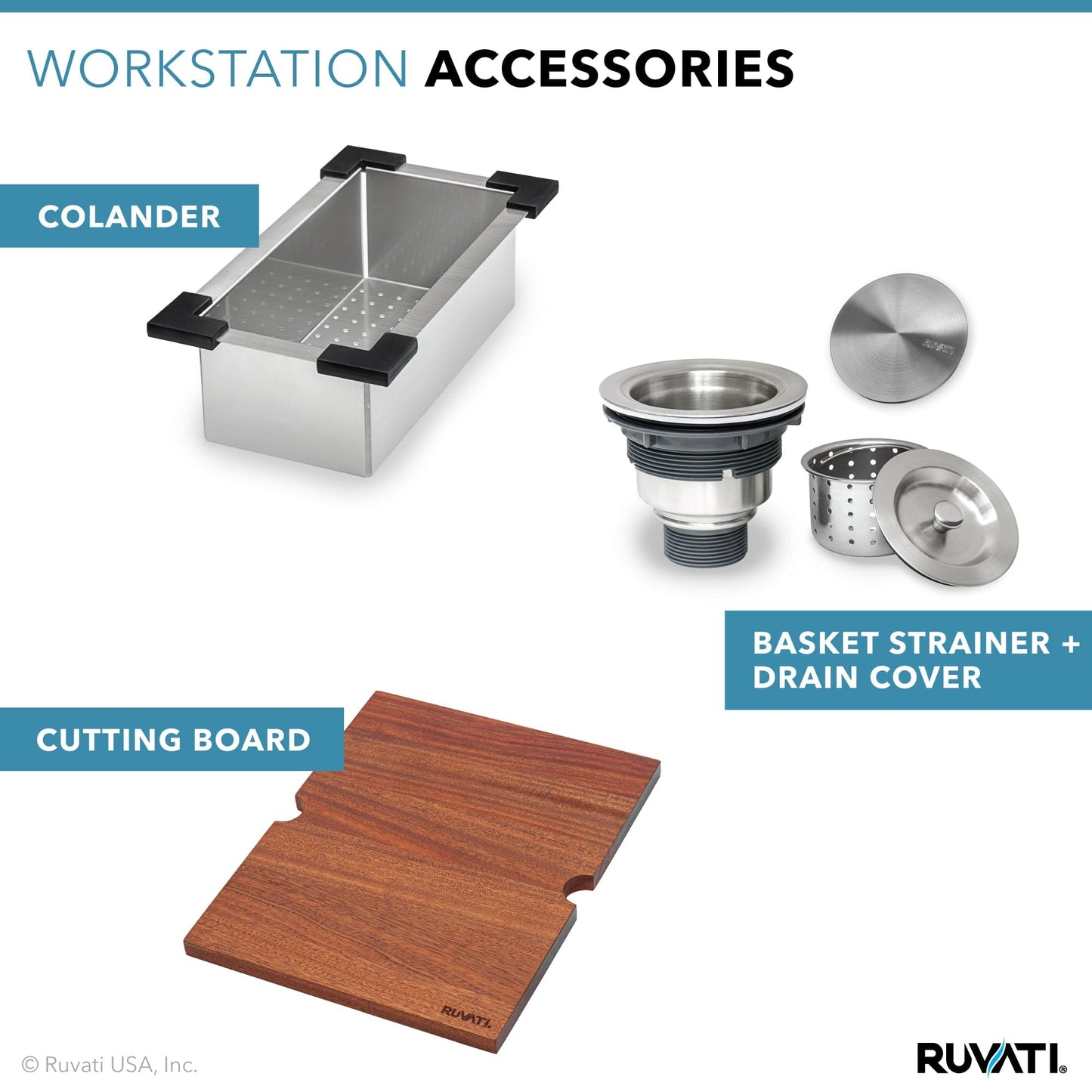 Workstation accessories for Ruvati Siena 21" RV Workstation Drop-in Stainless Steel Kitchen Sink RVH8221 including colander, basket strainer, and cutting board.
