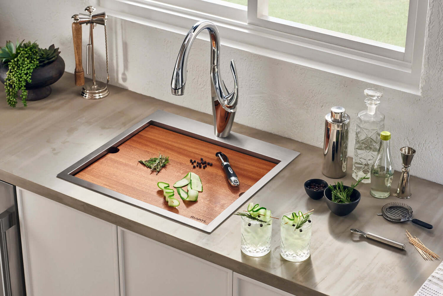 Ruvati Siena 21" RV Workstation Drop-in Stainless Steel Kitchen Sink RVH8221 with bamboo cutting board and drinks