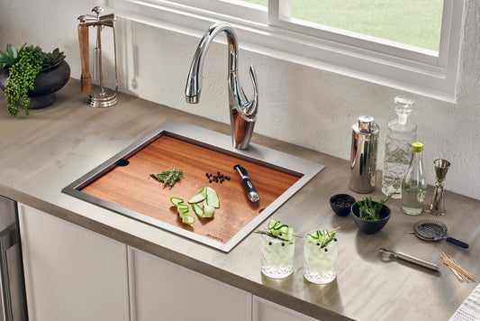 Ruvati Siena 21" RV Workstation Drop-in Stainless Steel Kitchen Sink RVH8221 with bamboo cutting board and drinks