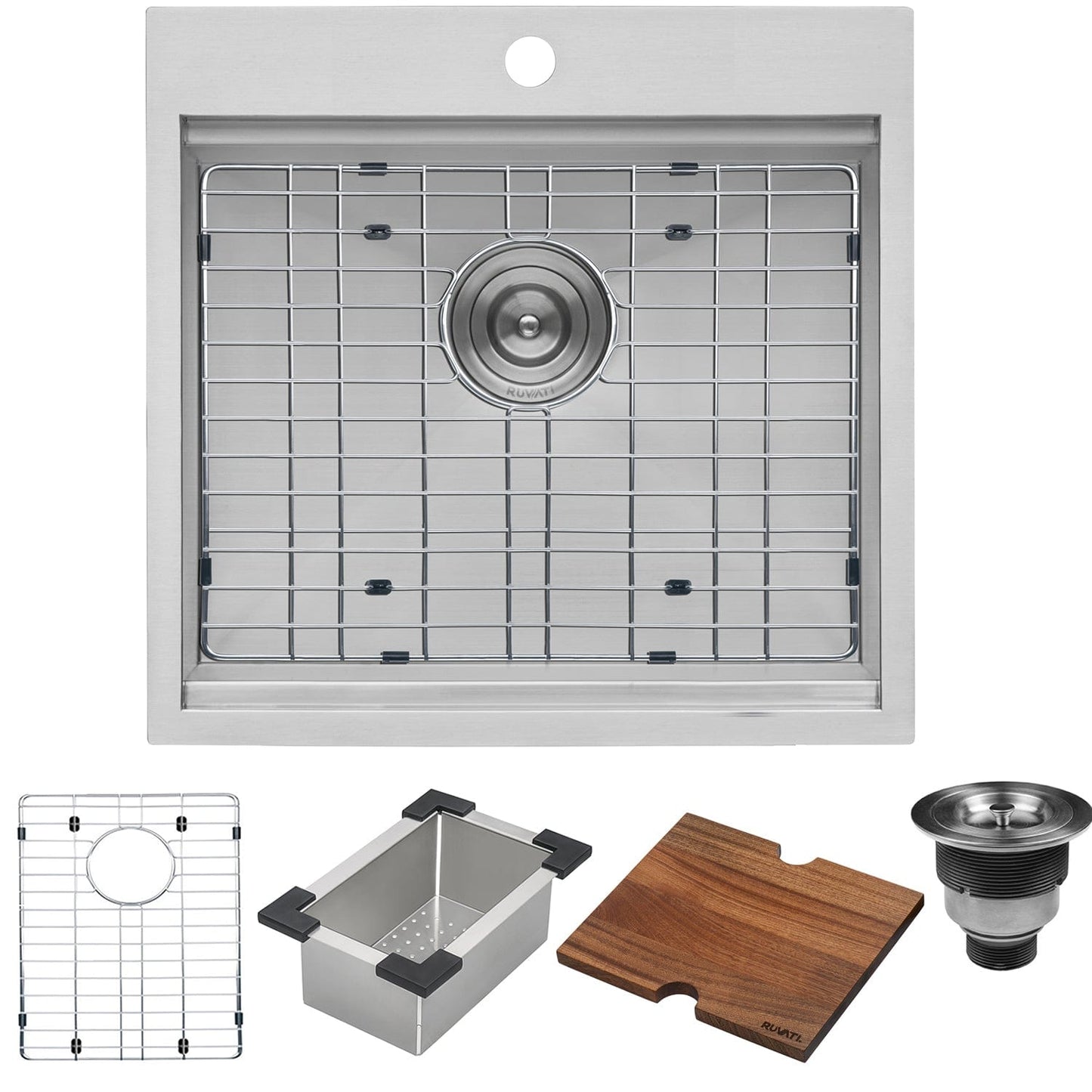 Ruvati Siena 21" RV Workstation Drop-in Stainless Steel Kitchen Sink RVH8221 with accessories and grid