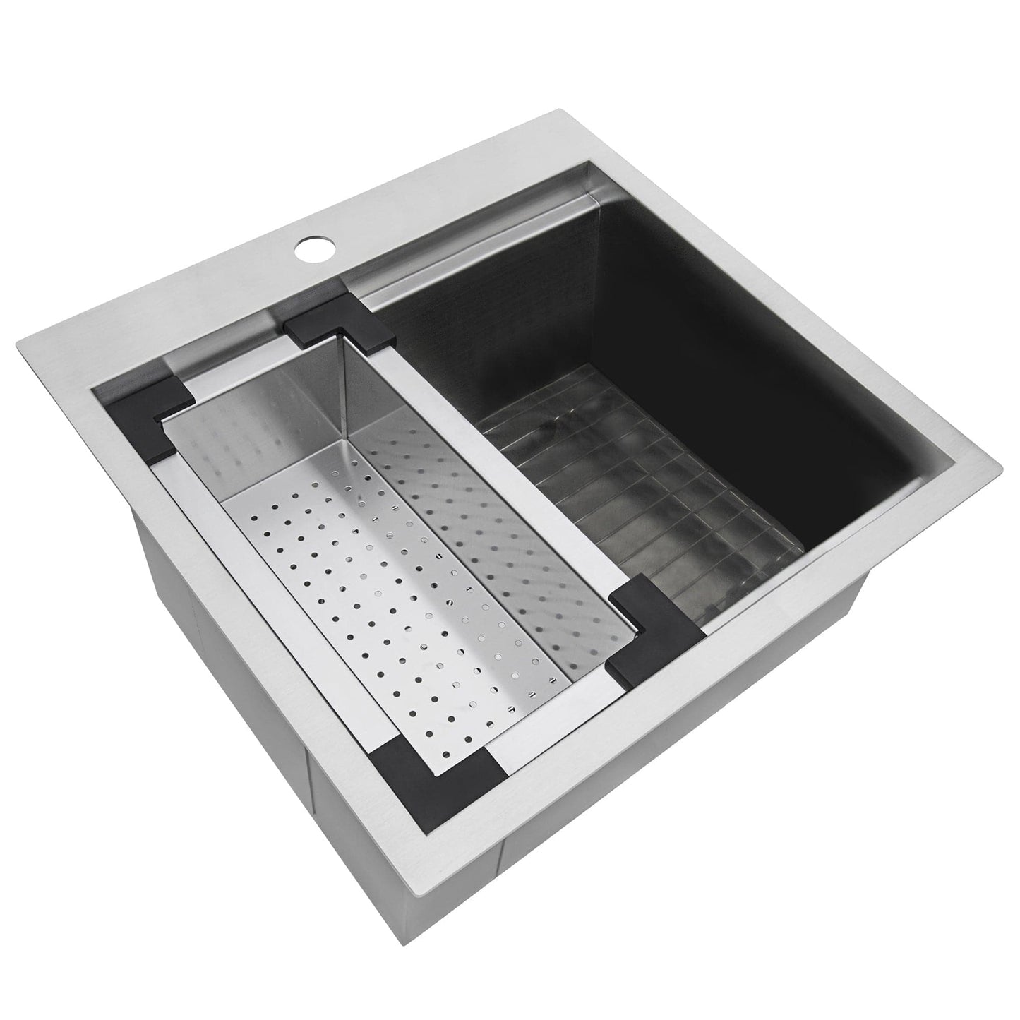 Ruvati Siena 21" RV Workstation Drop-in Stainless Steel Kitchen Sink RVH8221 with colander and drainage tray.