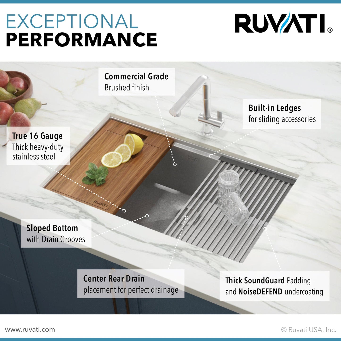 Ruvati Roma 32" Workstation Ledge Stainless Steel Kitchen Sink RVH8300 features premium accessories and ledges.