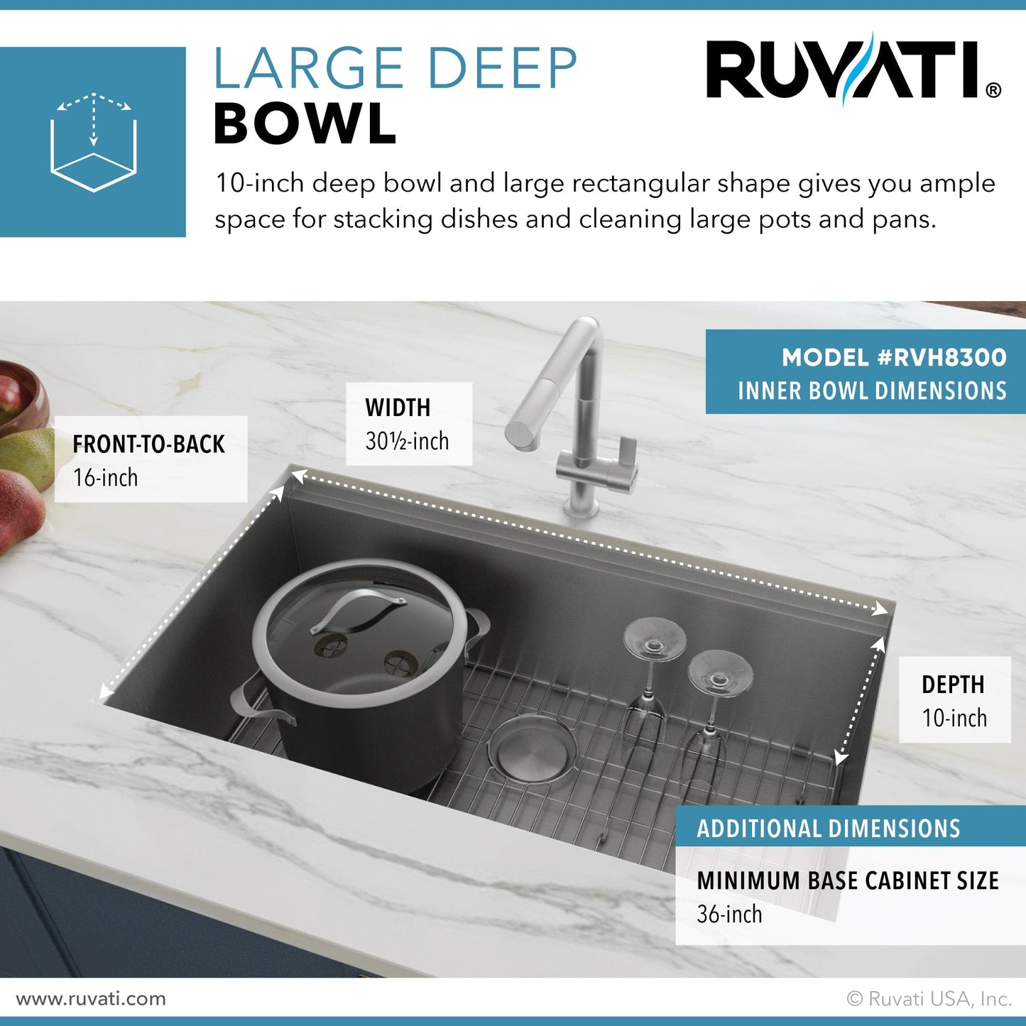 Ruvati Roma 32" Workstation Ledge Stainless Steel Kitchen Sink RVH8300 large deep bowl dimensions.
