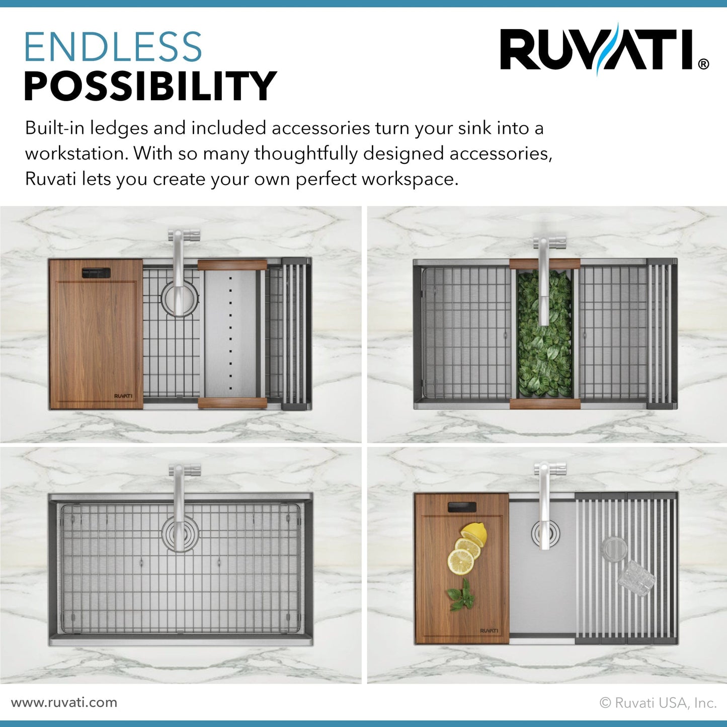 Ruvati Roma 32" Workstation Ledge Stainless Steel Kitchen Sink RVH8300 showing built-in accessories and ledges design.
