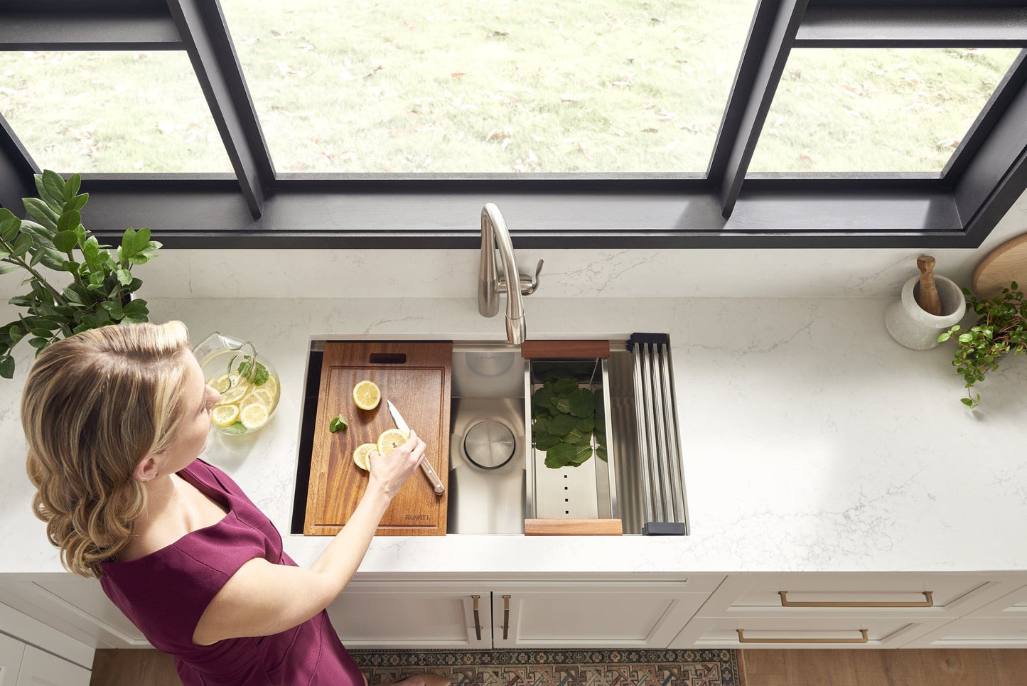 Ruvati Roma 32" Workstation Ledge Stainless Steel Kitchen Sink RVH8300 with vegetable prep area and stylish design