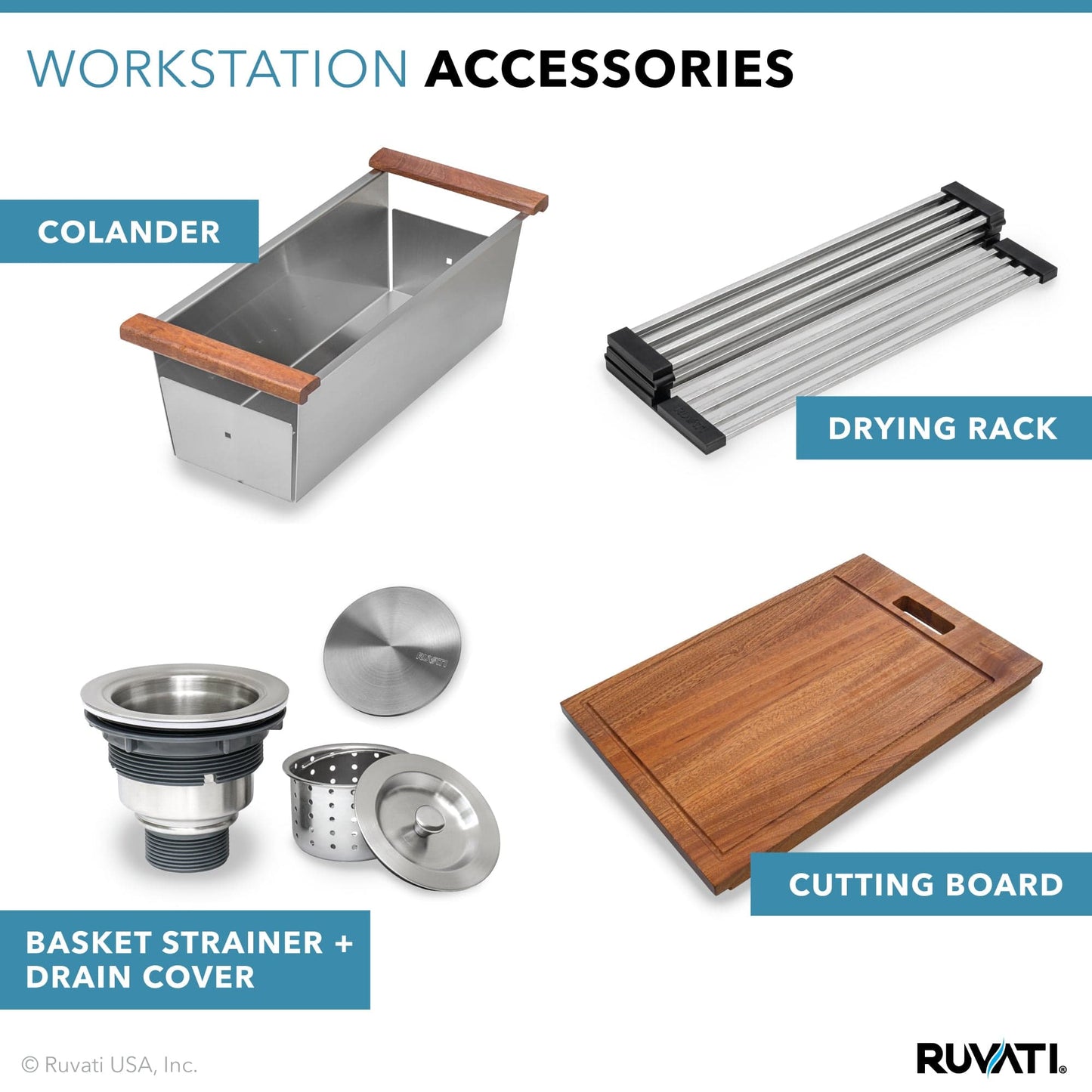 Ruvati Roma 32" Workstation Ledge Stainless Steel Kitchen Sink RVH8300 accessories including colander, drying rack, cutting board.