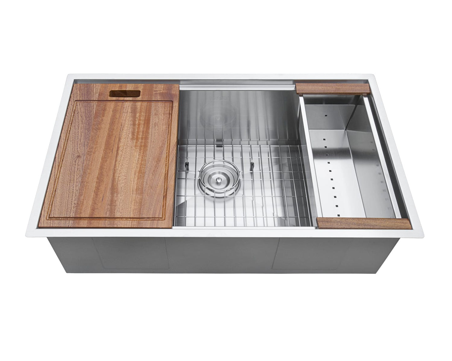 Ruvati Roma 32" Workstation Ledge Stainless Steel Kitchen Sink RVH8300 with wooden accessories and integrated ledge.