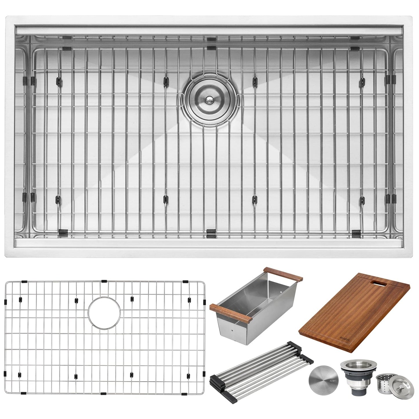 Ruvati Roma 32" Workstation Ledge Stainless Steel Kitchen Sink RVH8300 with accessories and grid.