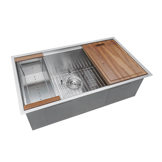 Ruvati Roma Pro 32" Workstation Ledge Stainless Steel Kitchen Sink RVH8301 with wooden cutting board.