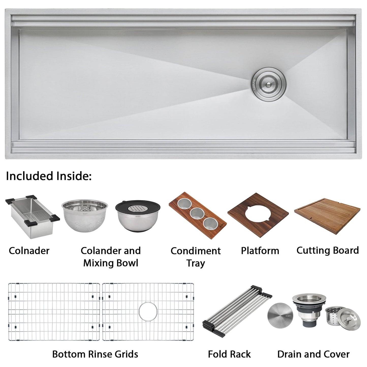 Ruvati 45" Workstation Dual Tiered Ledge Kitchen Sink Stainless Steel RVH8333 with accessories included.