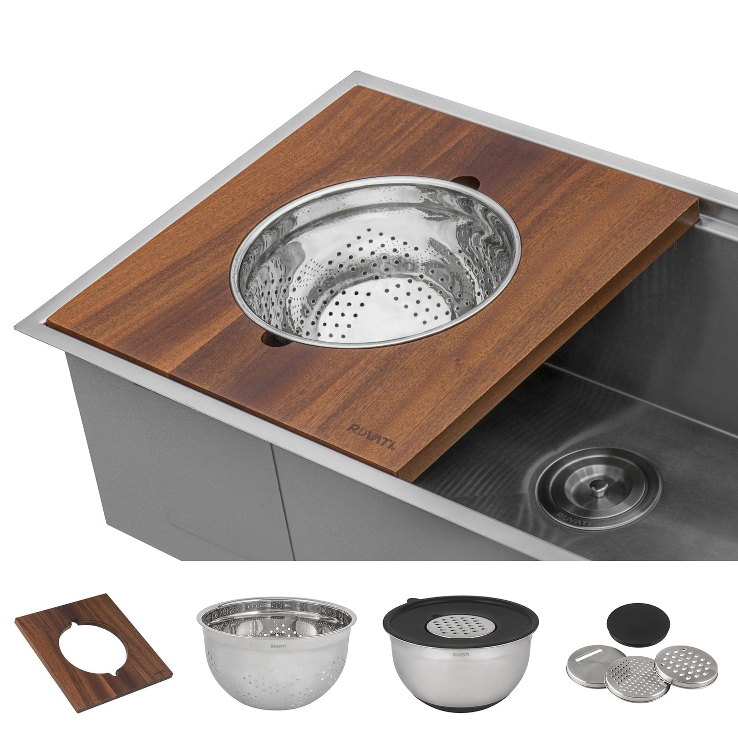 Ruvati 45" Workstation Dual Tiered Ledge Kitchen Sink Stainless Steel RVH8333 with wooden cutting board and accessories.