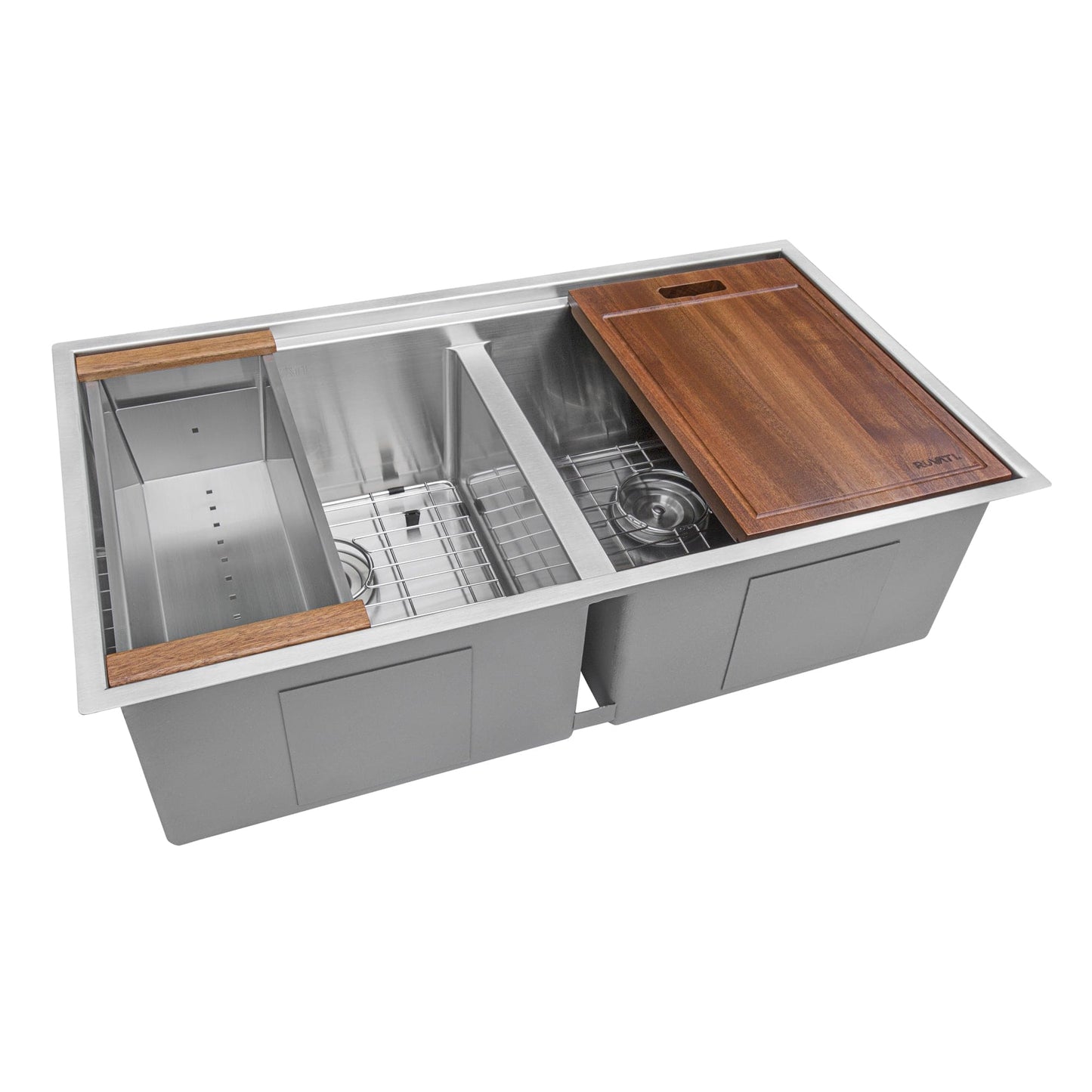 Ruvati Roma Pro 33" Workstation Ledge Stainless Steel Kitchen Sink RVH8351 with dual bowls and wooden cutting board.