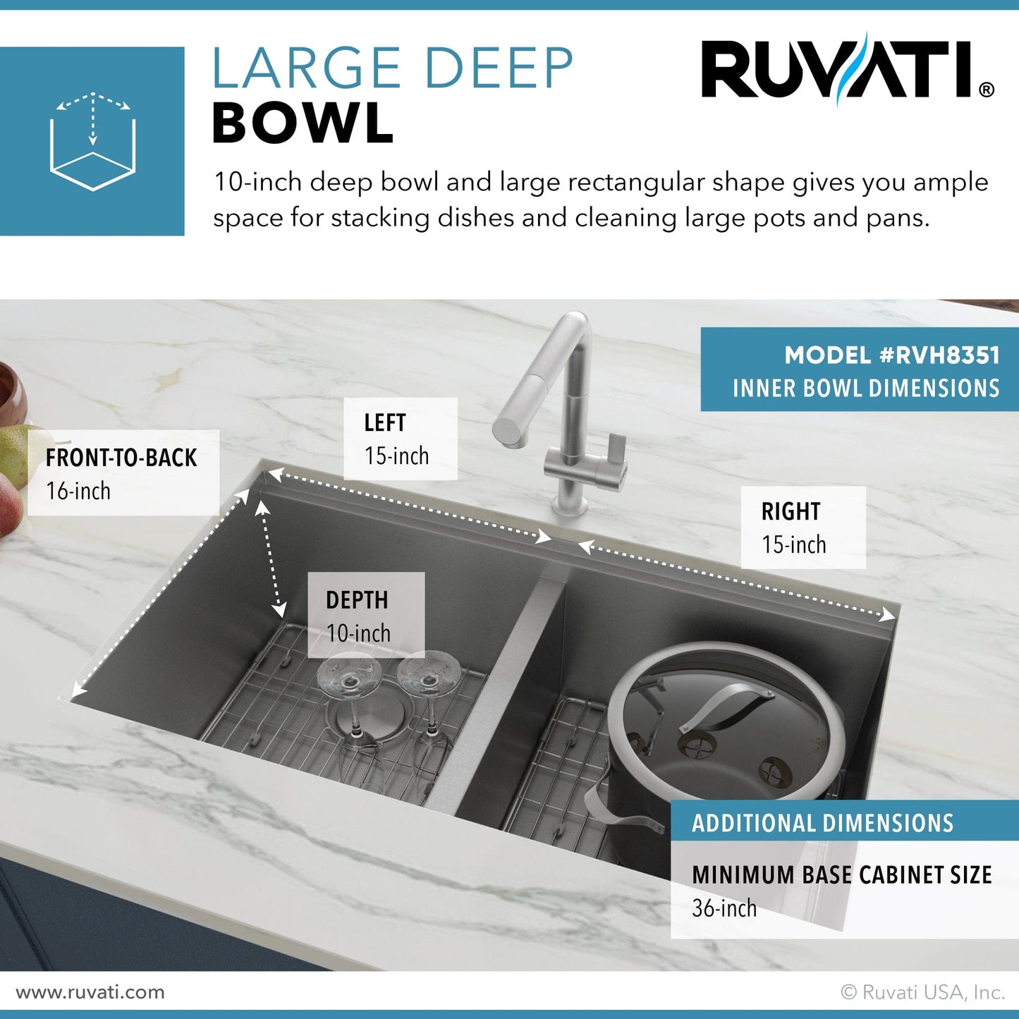 Ruvati Roma Pro 33" Workstation Ledge Stainless Steel Kitchen Sink RVH8351 with large deep bowl dimensions