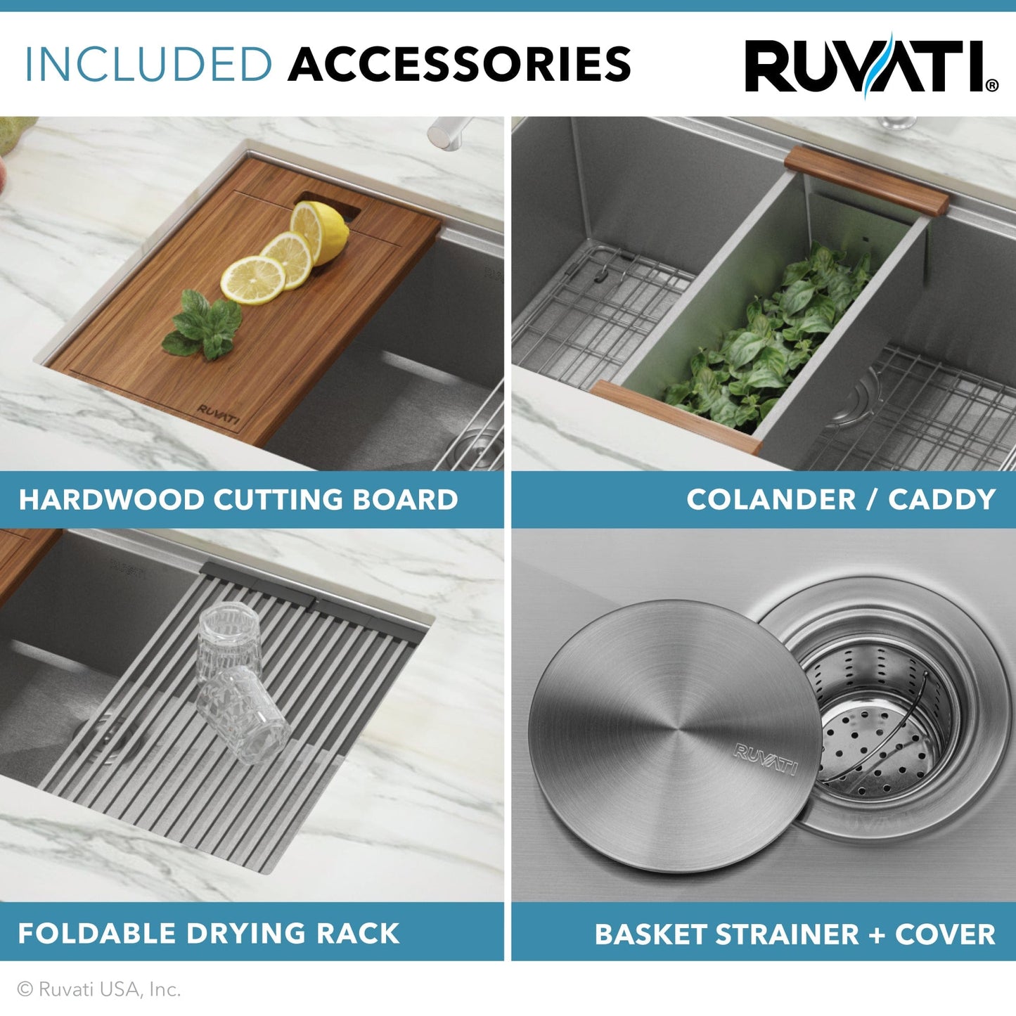 Included accessories for Ruvati Roma Pro 33" Workstation Ledge Stainless Steel Kitchen Sink RVH8351 featuring cutting board, caddy, drying rack, strainer.