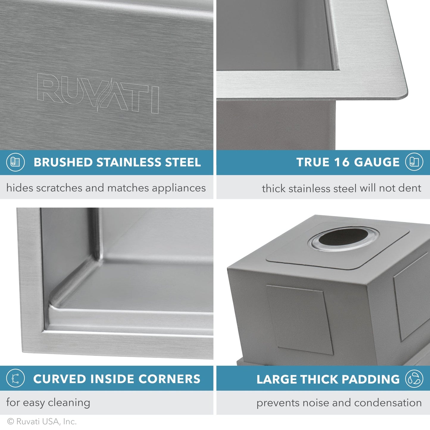 Ruvati Roma Pro 33" Workstation Ledge Stainless Steel Kitchen Sink RVH8351 features brushed stainless steel, 16 gauge thickness, curved corners, and noise-reducing padding.