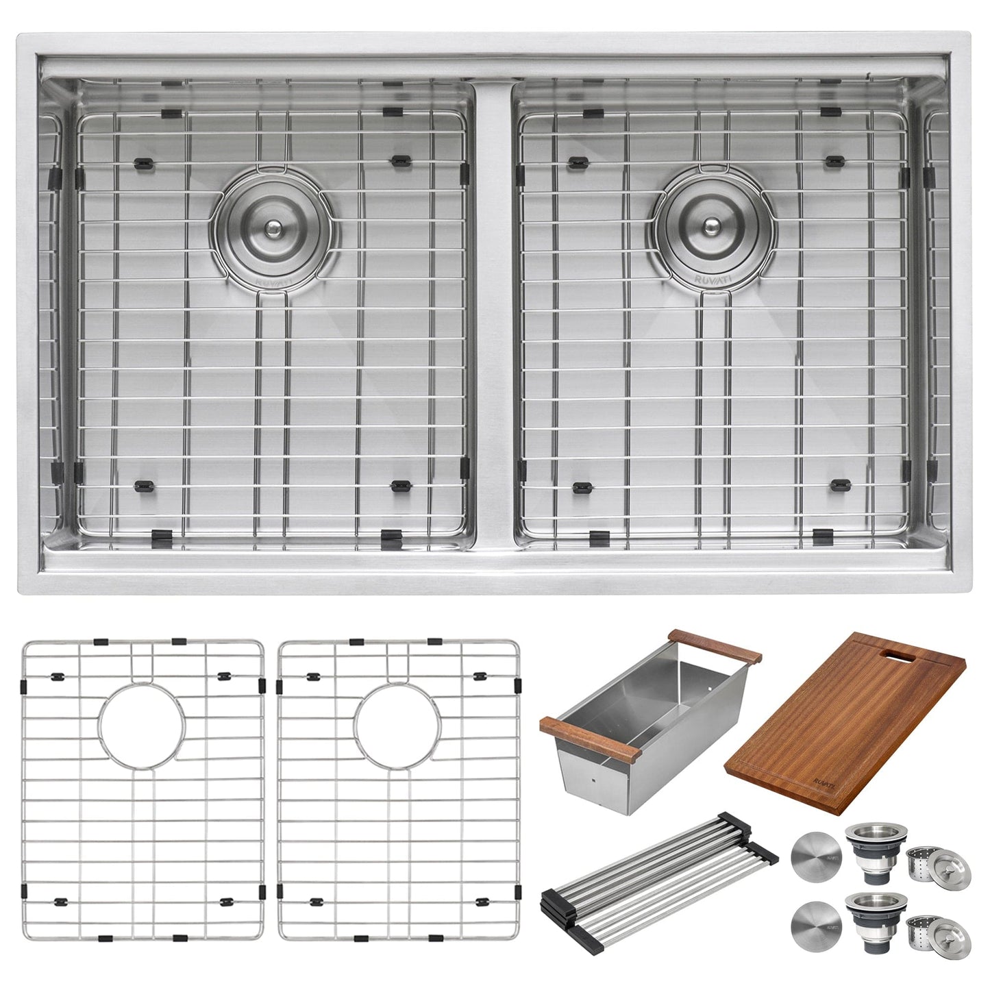 Ruvati Roma Pro 33" Workstation Ledge Stainless Steel Kitchen Sink RVH8351 with accessories and dual bowls