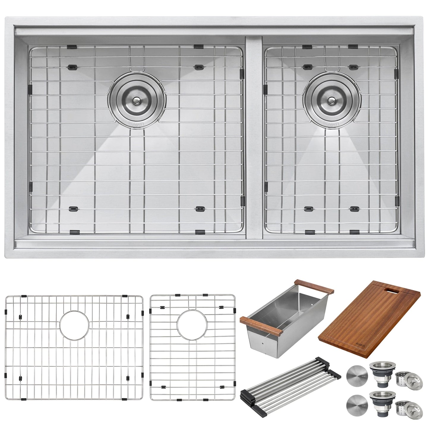 Ruvati Roma 33" Workstation Ledge Stainless Steel Kitchen Sink RVH8356 with integrated accessories and grids.