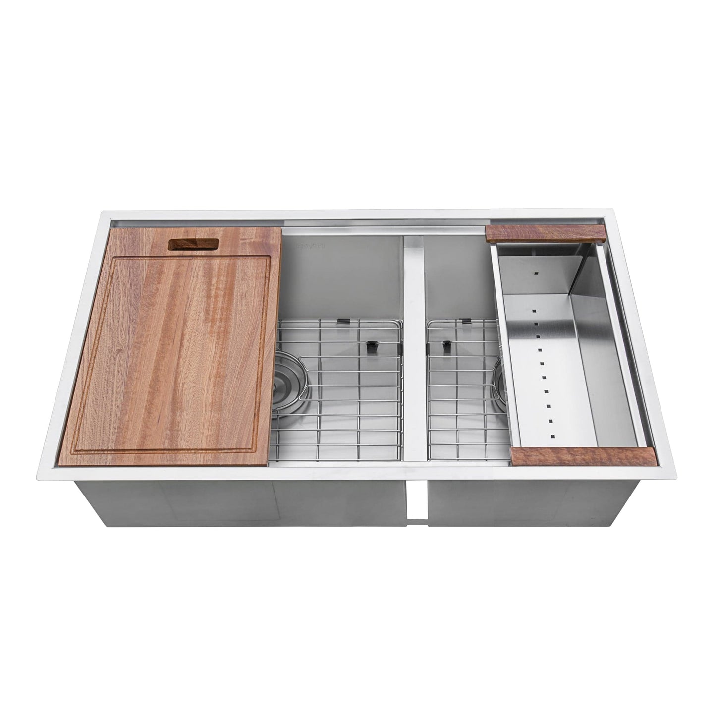 Ruvati Roma 33" Workstation Ledge Stainless Steel Kitchen Sink RVH8356 with wooden accessories and dual sink compartments.
