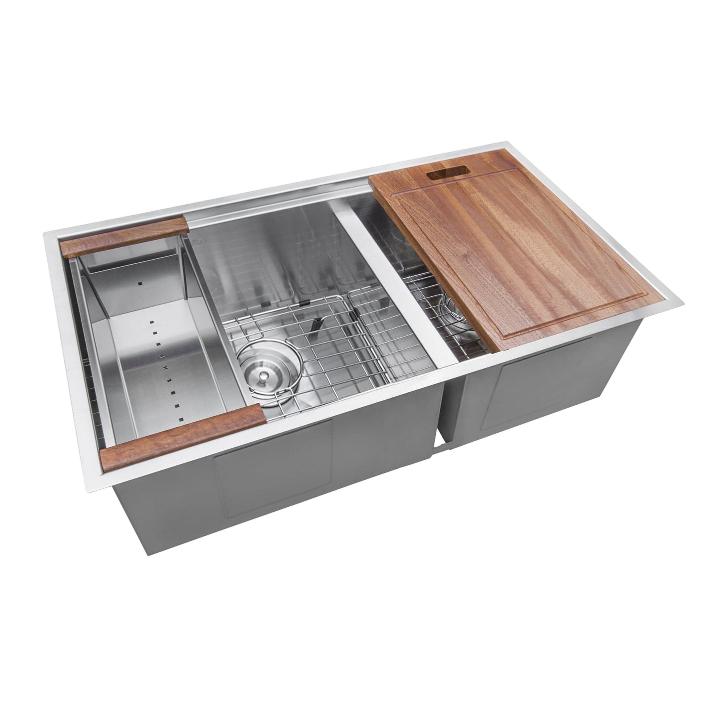 Ruvati Roma 33" Workstation Ledge Stainless Steel Kitchen Sink RVH8356 with wooden cutting board and integrated accessories.