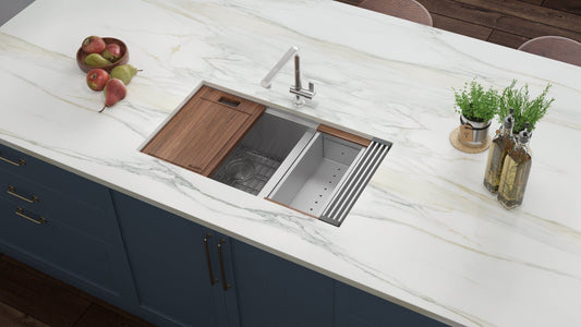 Ruvati Roma 33" Workstation Ledge Stainless Steel Kitchen Sink RVH8356 with integrated accessories and modern design.