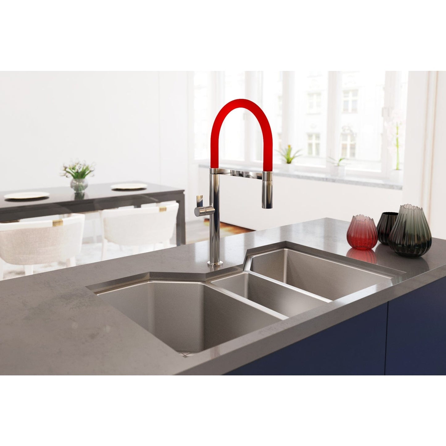 Ruvati Gravena 35" Stainless Steel Kitchen Sink RVH8500 featuring modern triple bowl design and stylish red faucet.
