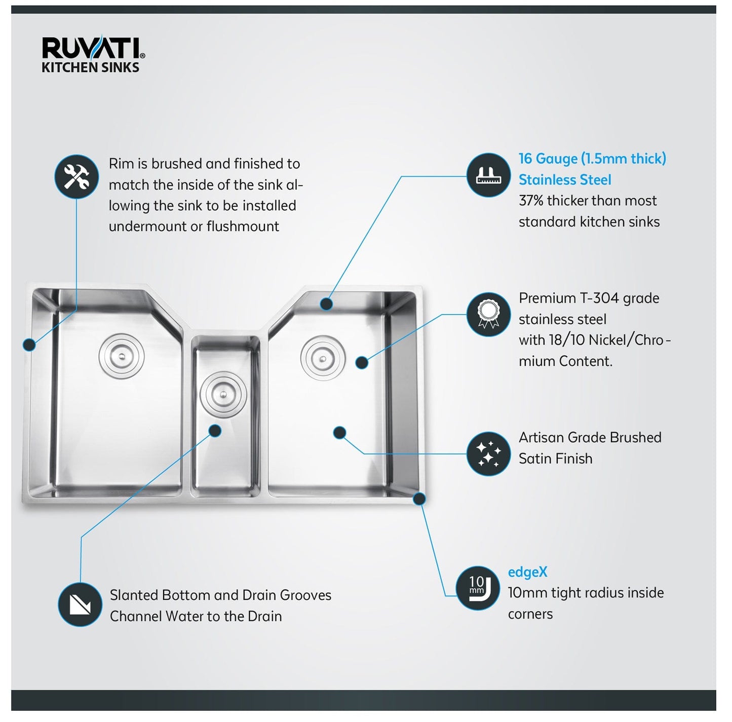 Ruvati Gravena 35" Stainless Steel Kitchen Sink RVH8500 showcasing features like 16 gauge stainless steel and artisan brushed satin finish.