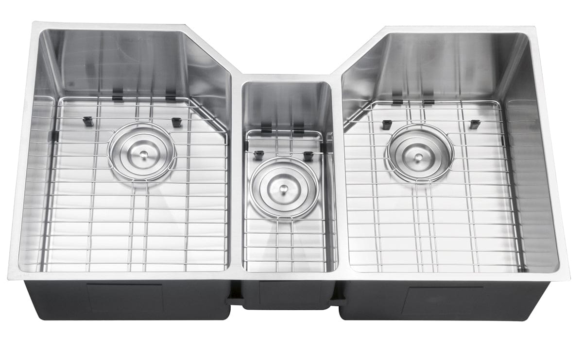 Ruvati Gravena 35" Stainless Steel Kitchen Sink RVH8500 with triple bowl design and stainless steel grids.