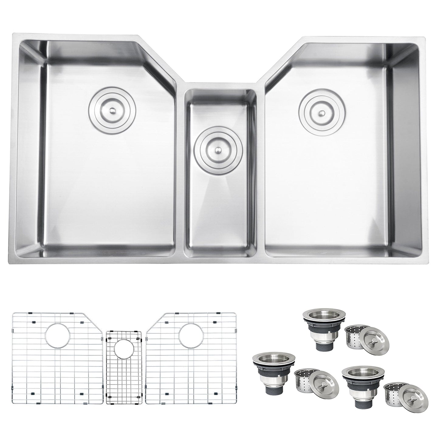 Ruvati Gravena 35" Stainless Steel Kitchen Sink RVH8500 with triple bowl design and accessories.