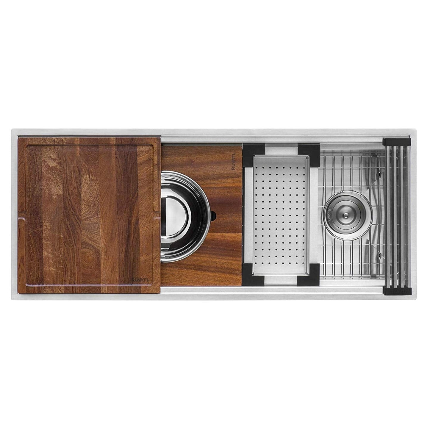 Ruvati 57" Workstation Dual Tiered Ledge Kitchen Sink Stainless Steel RVH8555 with wooden cutting board and accessories.