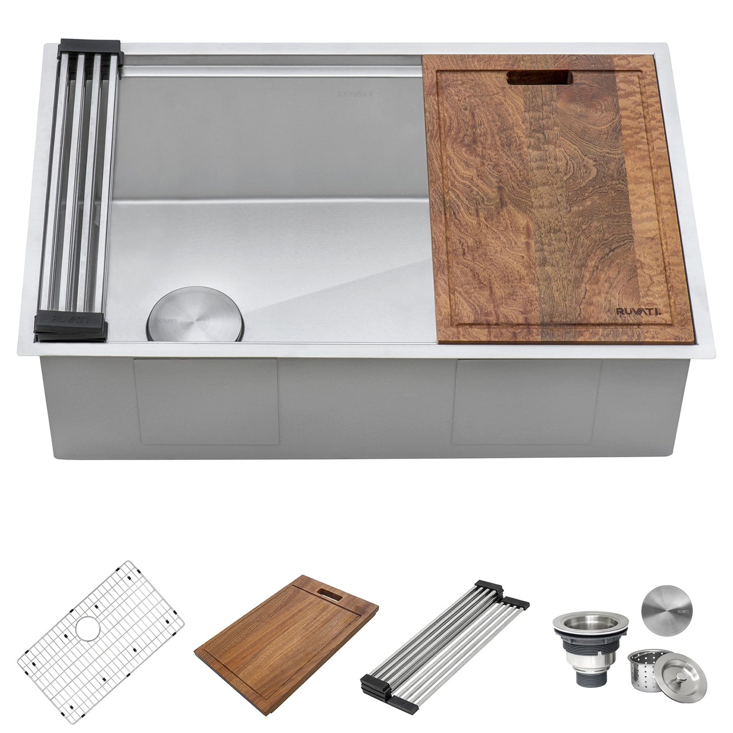 Ruvati Veniso 30" Workstation Slope Bottom Stainless Steel Kitchen Sink RVH8582 with accessories