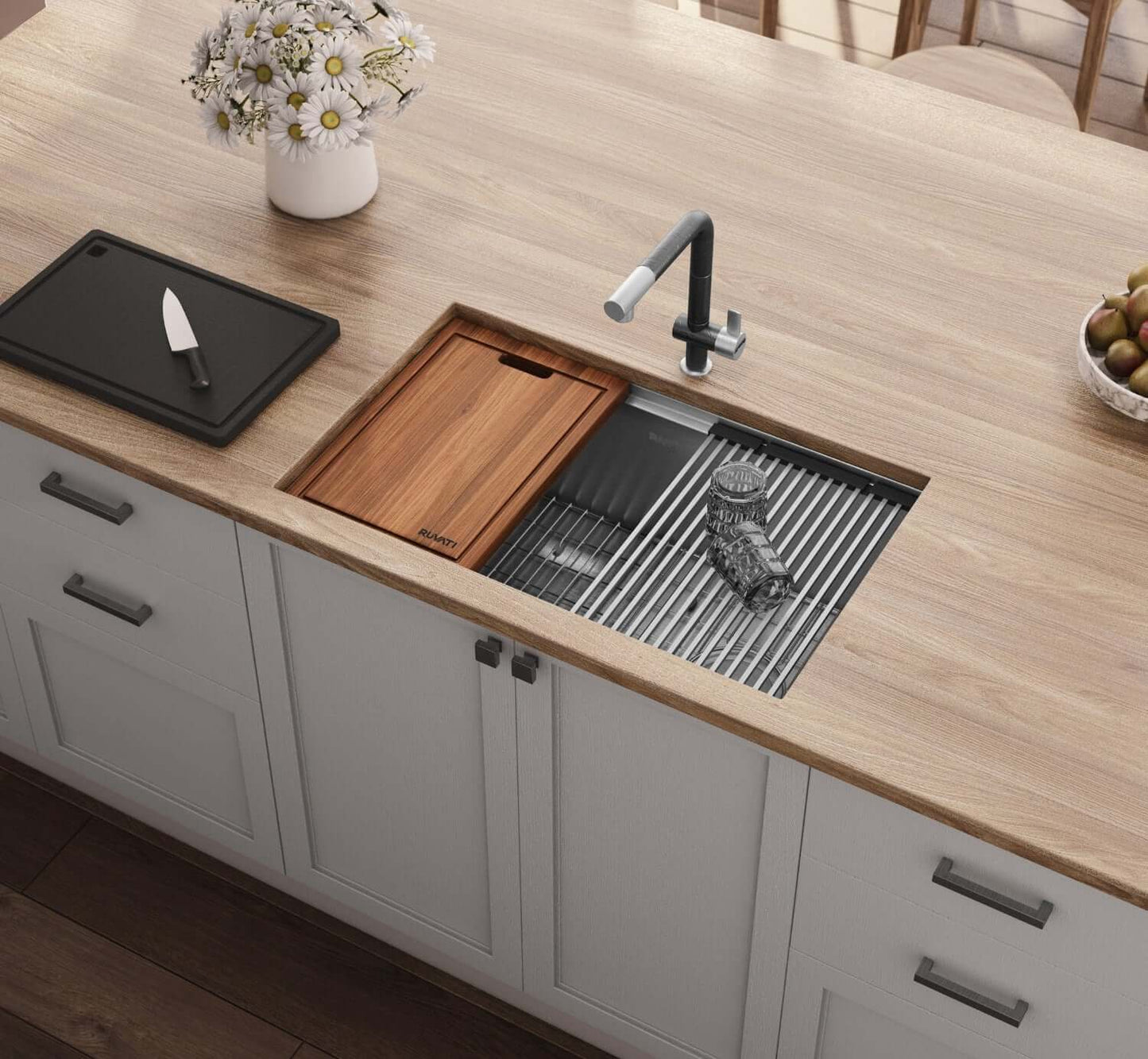 Ruvati Veniso 30" Workstation Slope Bottom Stainless Steel Kitchen Sink RVH8582 showcased in a modern kitchen setup.