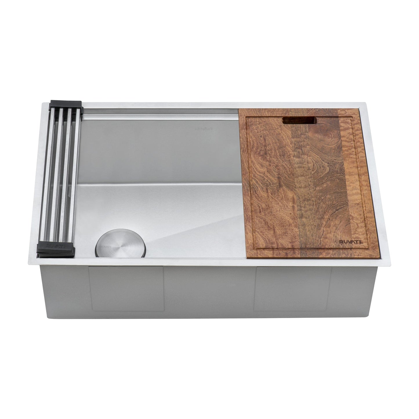 Ruvati Veniso 30" Workstation Slope Bottom Stainless Steel Kitchen Sink RVH8582 with wood cutting board.